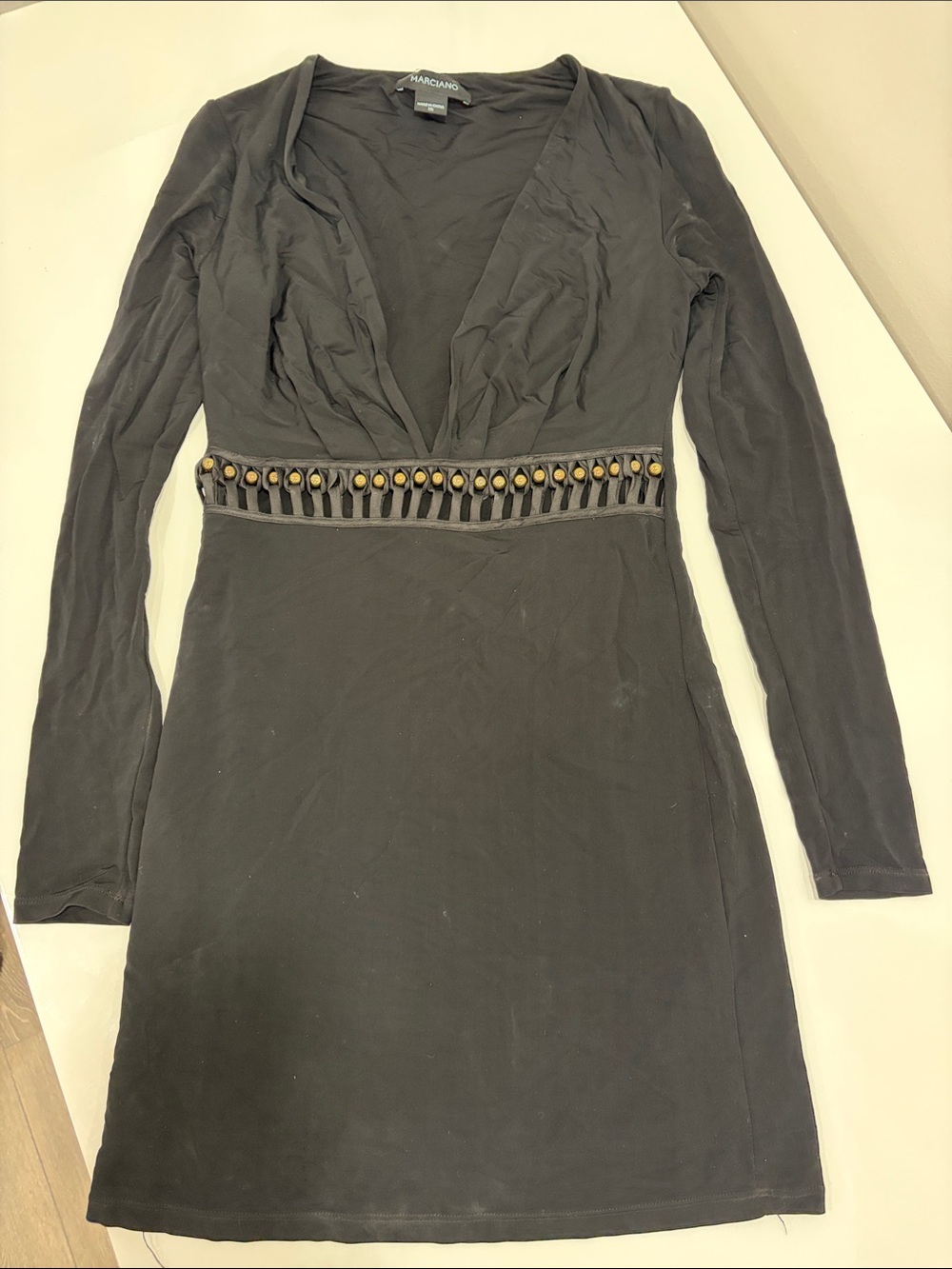 Marciano Black Long-Sleeve V-Neck Dress with Gold Accent Waist